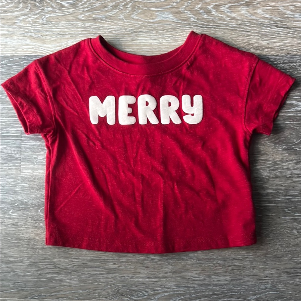 Cat & Jack 2T Red Kids T-Shirt with 'Merry' Festive Script